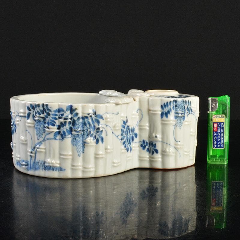 瀬戸焼　古瀬戸　書道具　染付　花鶴文　瓢箪形　筆洗　水盂　F　R7455