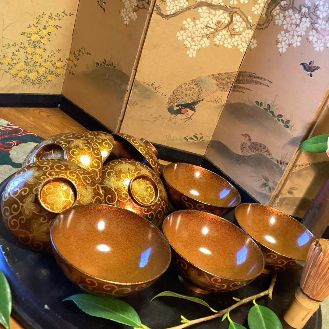 A1033 木製輪島塗　懐石道具　総梨地　松葉唐草　蒔絵　吸物椀　　5客