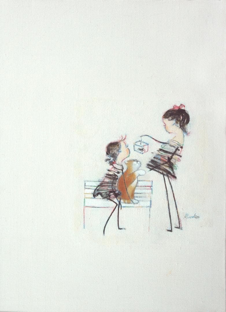 油絵 菅家令子 絵 絵画インテリア 額付(黒) F4-030219 子猫犬女の子