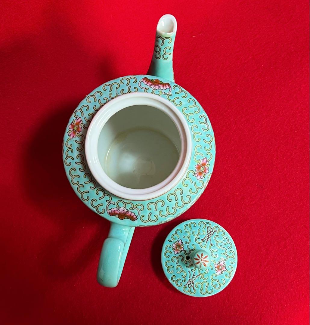 中国美術 粉彩福壽双全蝙蝠 壽 花柄 大茶壺 大急須 水注 中國景德鎮 茶道具