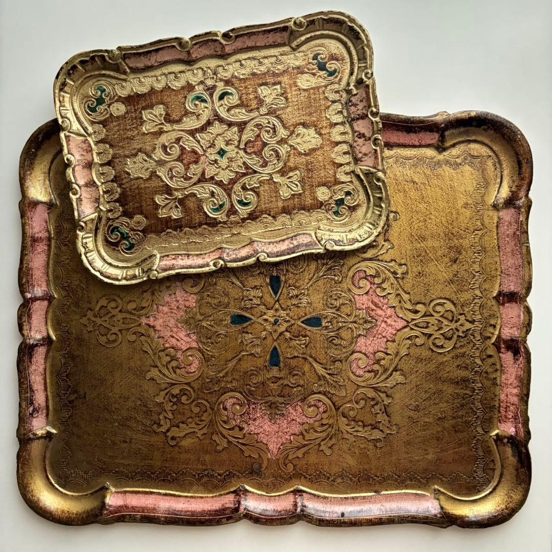 【特大サイズ】イタリア製 ヴィンテージ 木製 トレイ インテリア デスク ピンク