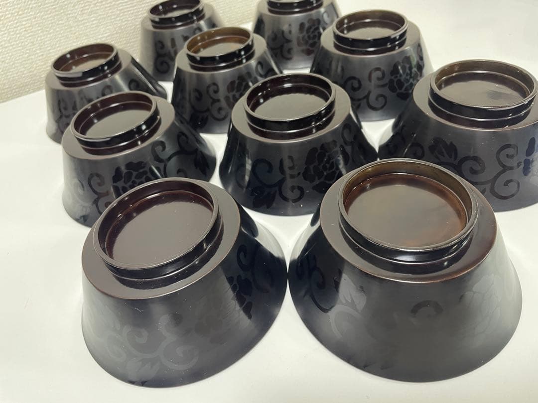 黒漆器 黒漆 内黒塗 漆器 吸物 懐石椀 煮物椀 10客 唐草柄 アンティーク