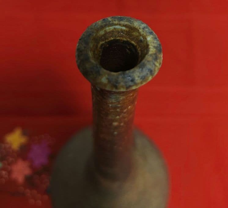 備前焼 各見信利 花入 鶴首花瓶 一輪挿し 共箱 共布 付き