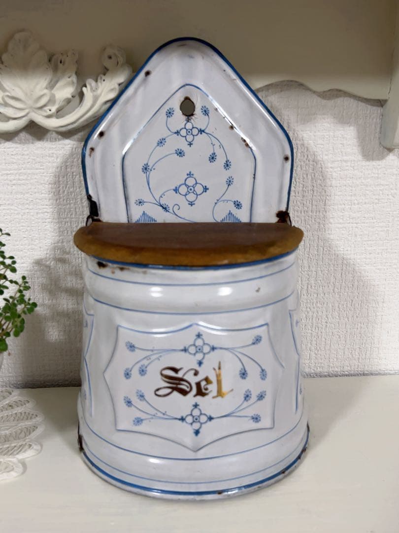 フレンチアンティーク＊サキソニー柄ホーローSel缶木製蓋＊レア