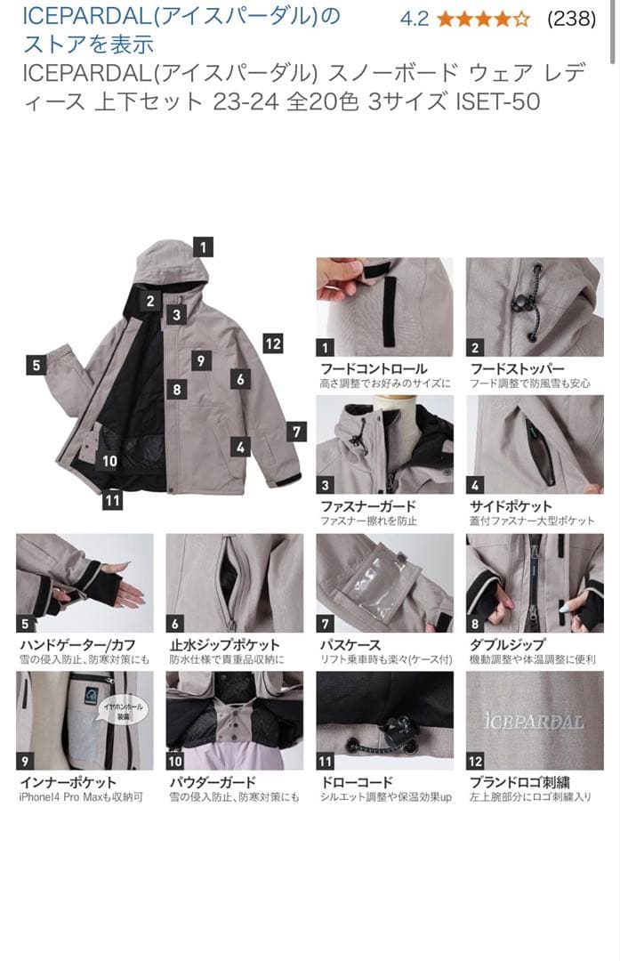 ICEPARDAL スノーボードウェア ISET-50 グレー 3サイズ（S）