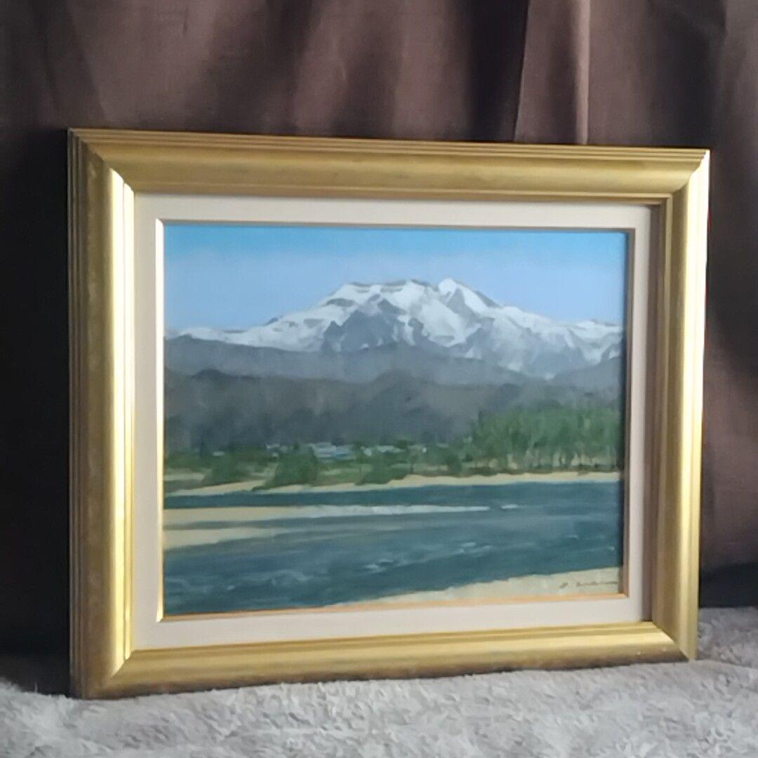 新井隆「川岸に芽吹く」油彩 ６号 風景画 未鑑定 ゴールドフレーム