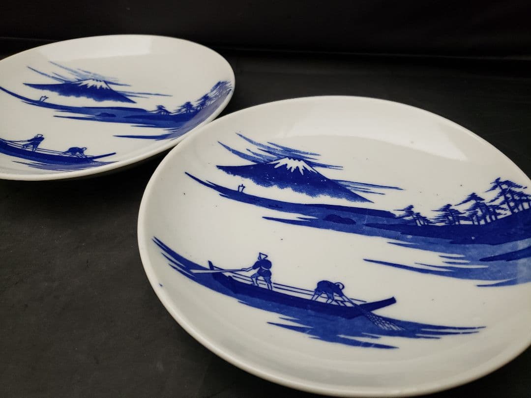 古伊万里　染付皿　5枚　富士山　三保の松原　アンティーク