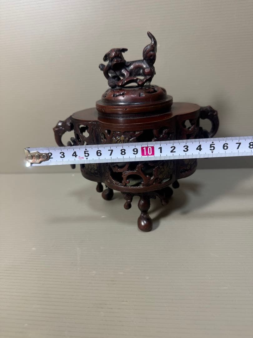 2212 骨董　大明宣徳年製銘　木瓜型　透かし文獅子摘み　香炉　時代物