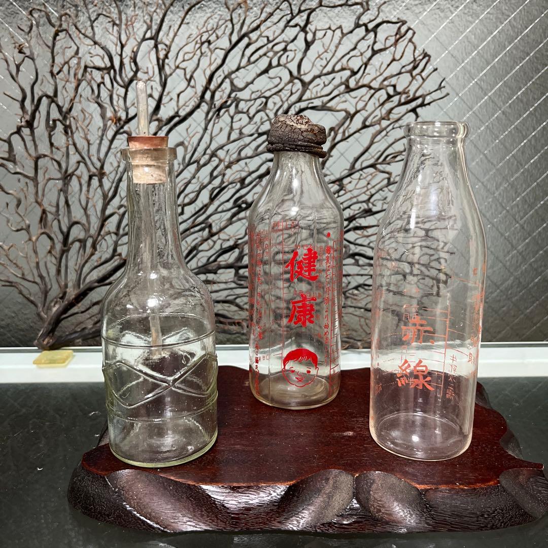 骨董　レトロガラス　希少　健康　赤ちゃん鮮明プリント　哺乳瓶　パッキン劣化有り