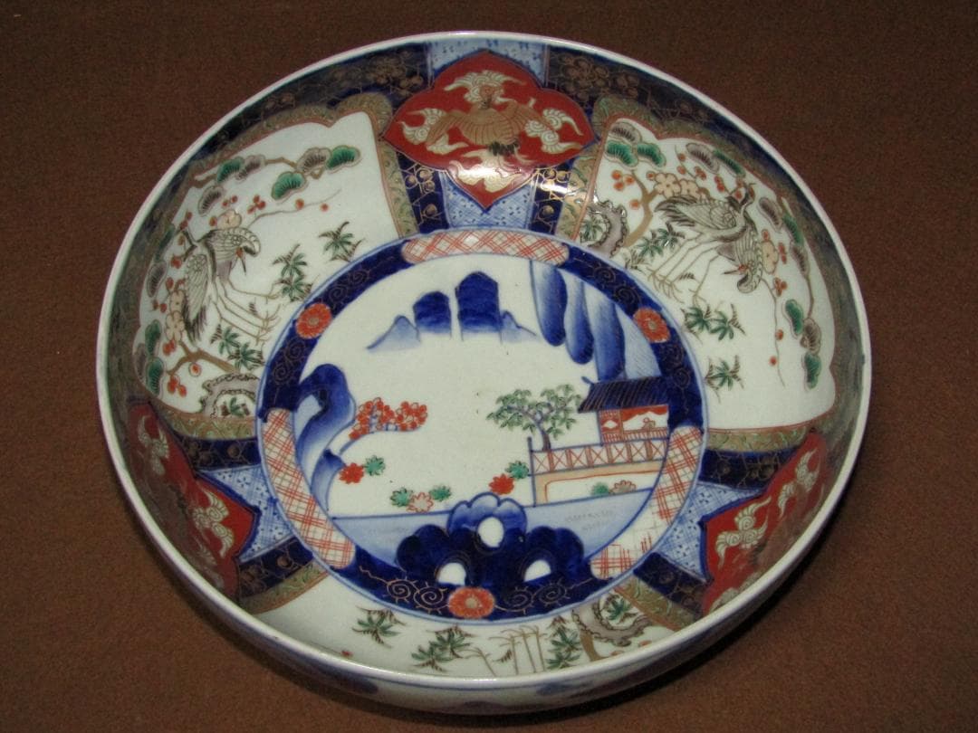 【染錦　割絵山水・立鶴図　大小鉢　２点】古伊万里