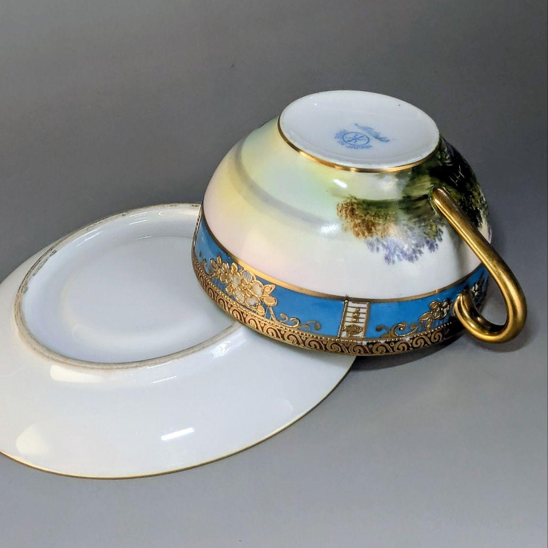 オールドノリタケ カップ＆ソーサー　金彩金盛上湖畔風景白鳥図 　　有名パターン