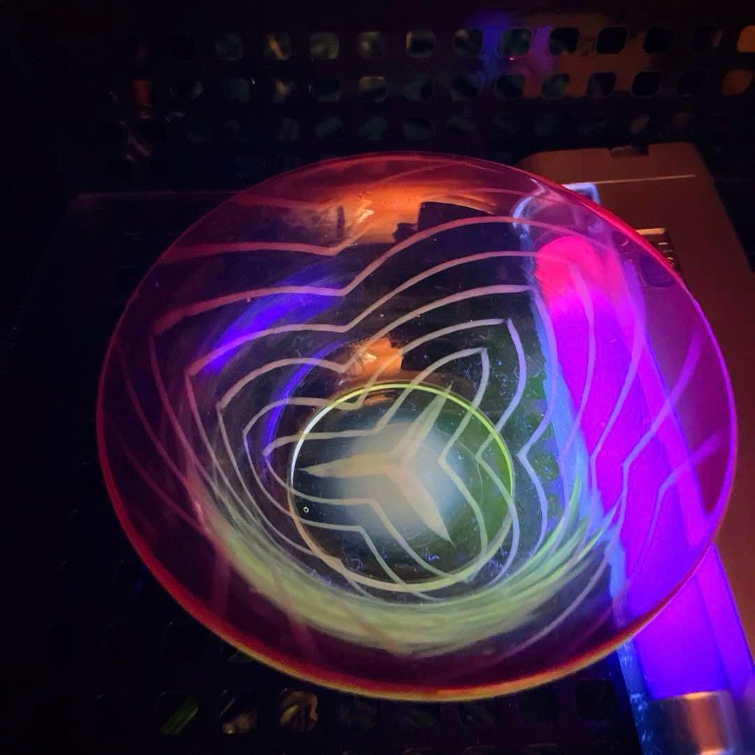 骨董　時代ガラス　超希少　金赤フチ　反り口　澤瀉紋　氷コップ　氷鉢　ウランガラス