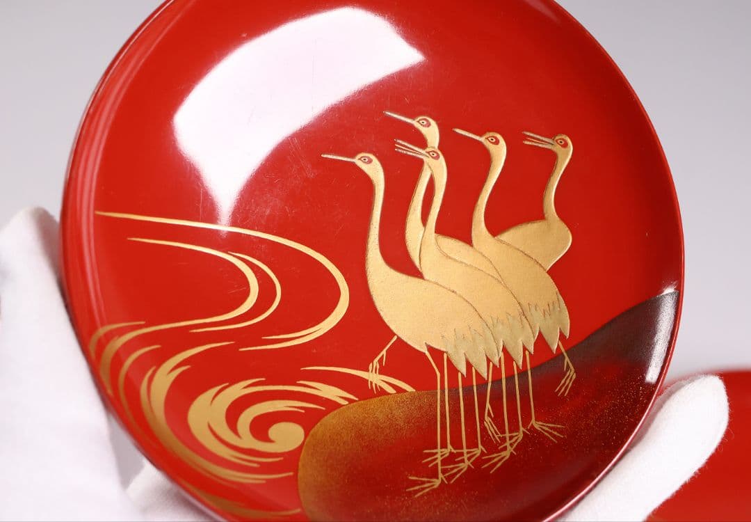 【CM373】時代木製漆器 光琳写 金蒔絵 群鶴図 朱塗 引盃 五客 小皿 杯