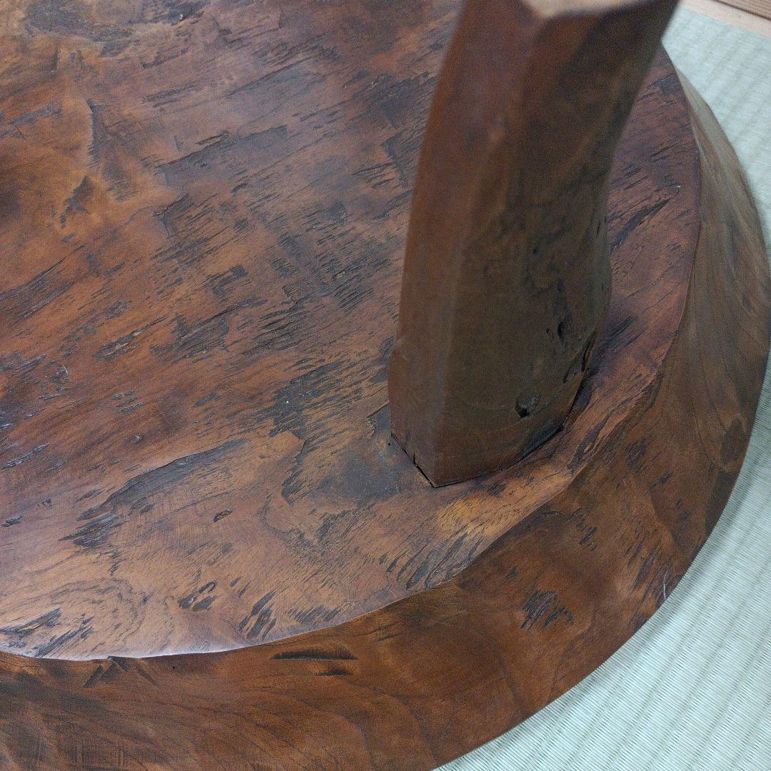 希少　古民家蔵出し品　天然木　座卓　丸テーブル　手彫り　ガラス板付き