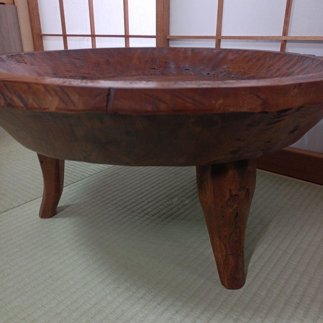 希少　古民家蔵出し品　天然木　座卓　丸テーブル　手彫り　ガラス板付き