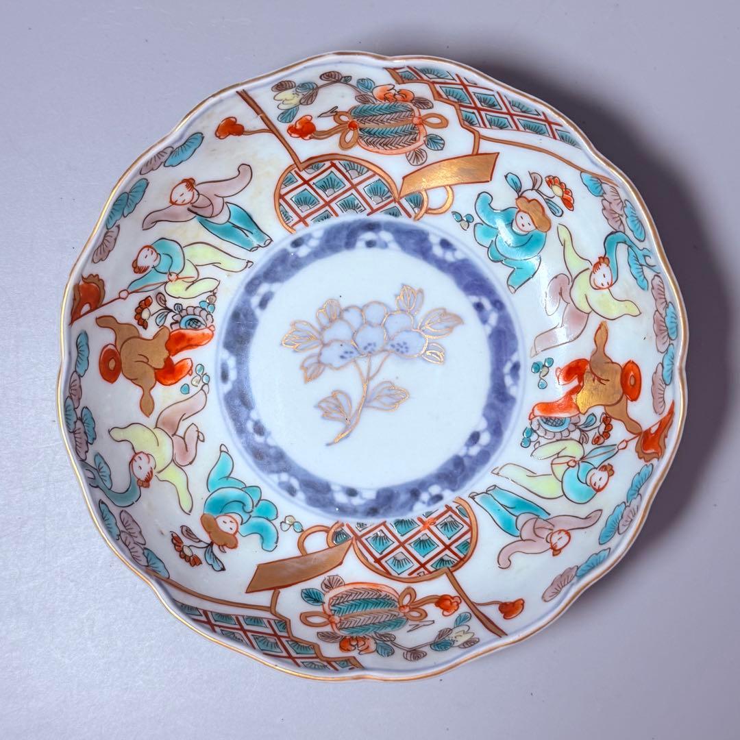 江戸後期～明治期　色絵人物図なます皿　5枚　珍しい絵付　蛇の目高台
