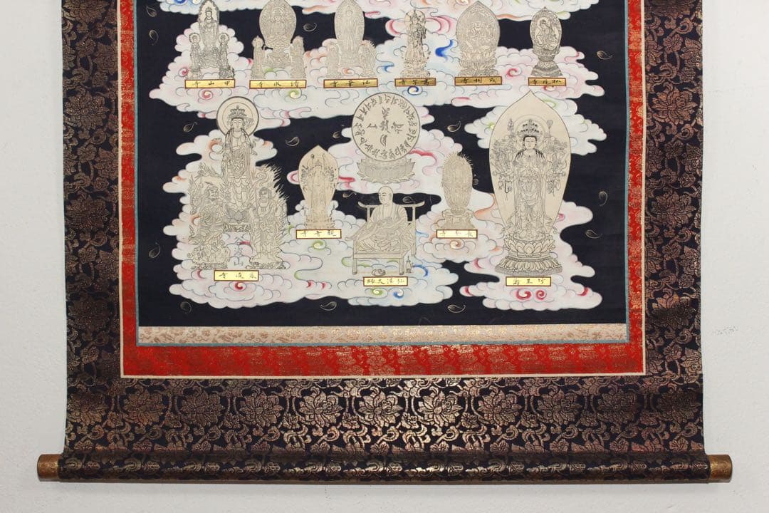 No5402 掛軸　西国三十三所御集印霊幅　紙本　紺紙金泥　木箱付　送料無料