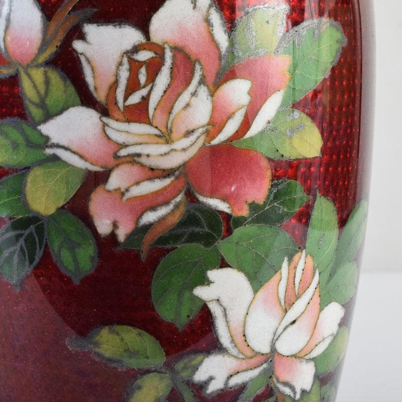 七宝焼　赤透釉　花文　花瓶　V　9018