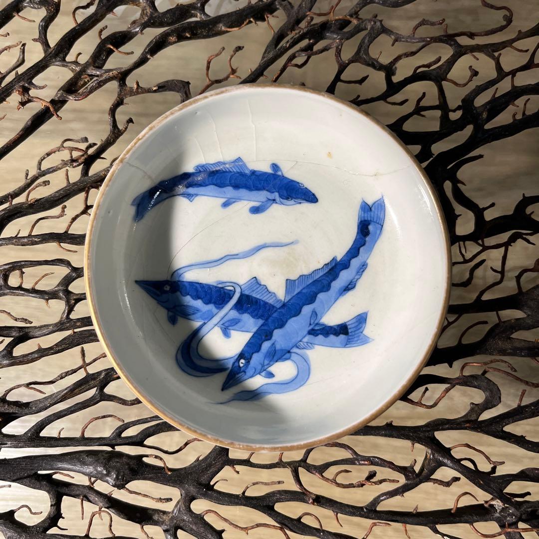 骨董　古伊万里　九谷　古染付　希少　鮎　遊魚　図案　豆皿　※難あり、参考品用