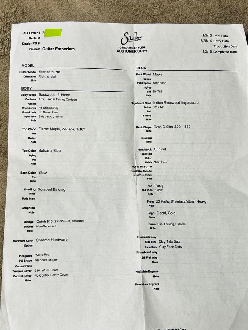 Suhr Standard Pro Bahama Blue 激フレーム