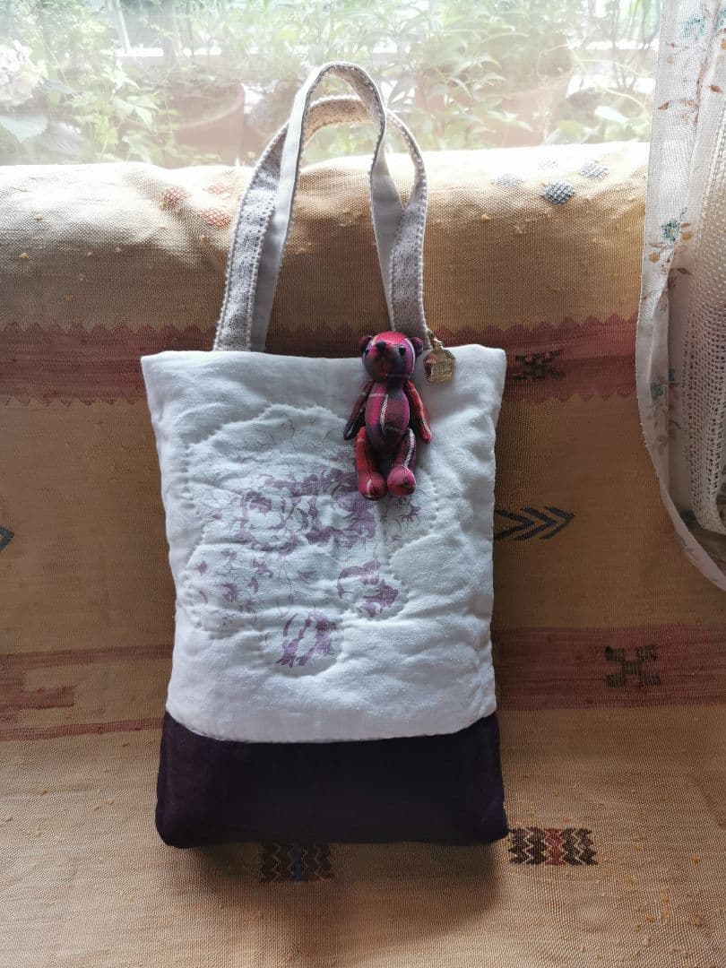 ハンドメイド✃アンティークホームスパンリネン＆キャベジズ花柄リバーシブルトート