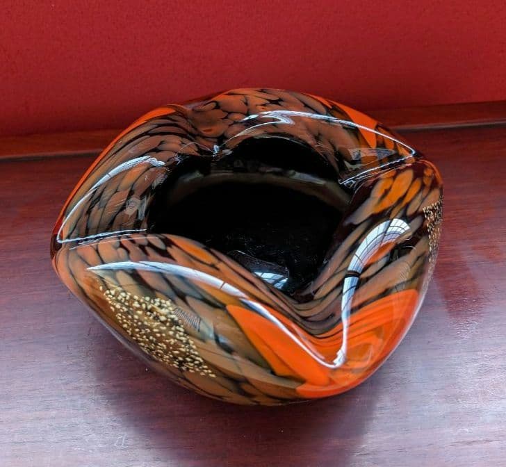 【箔入り】吹きガラス 灰皿 一点物 金箔 昭和レトロ インテリア 花生 オレンジ