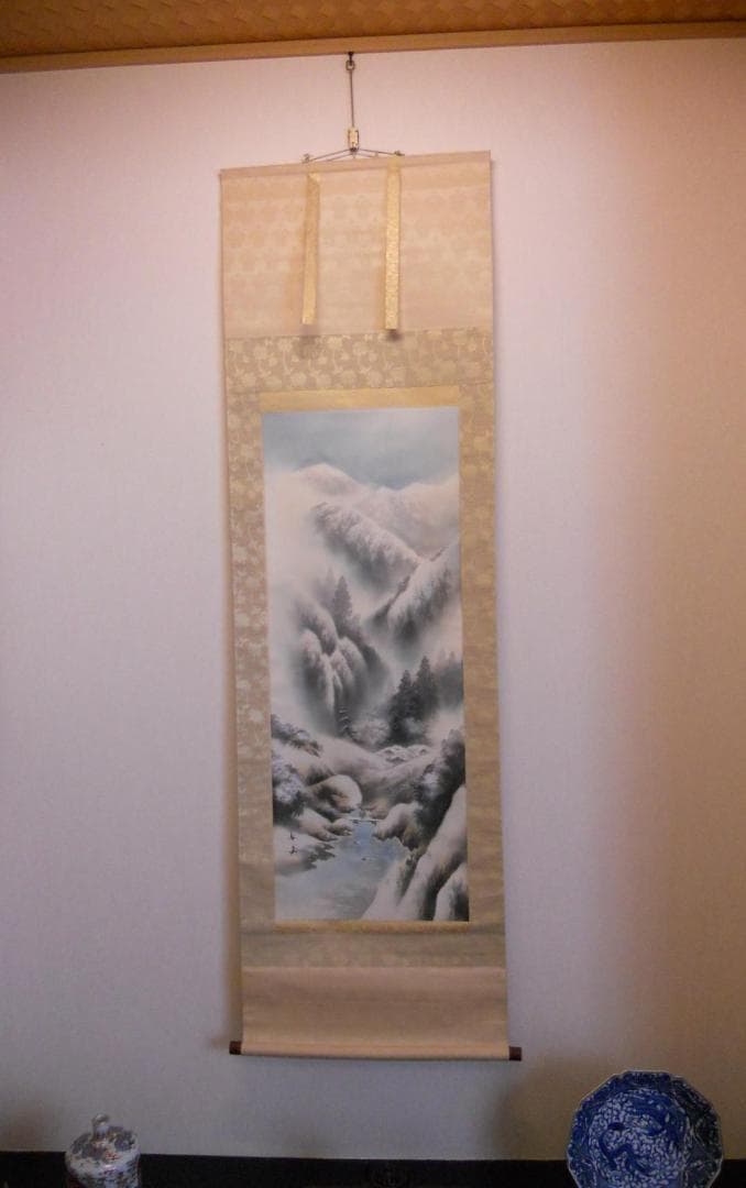 掛け軸 舟越長嘉 山水図 絹本 希少 軸装 茶道具 掛軸 美品 です。