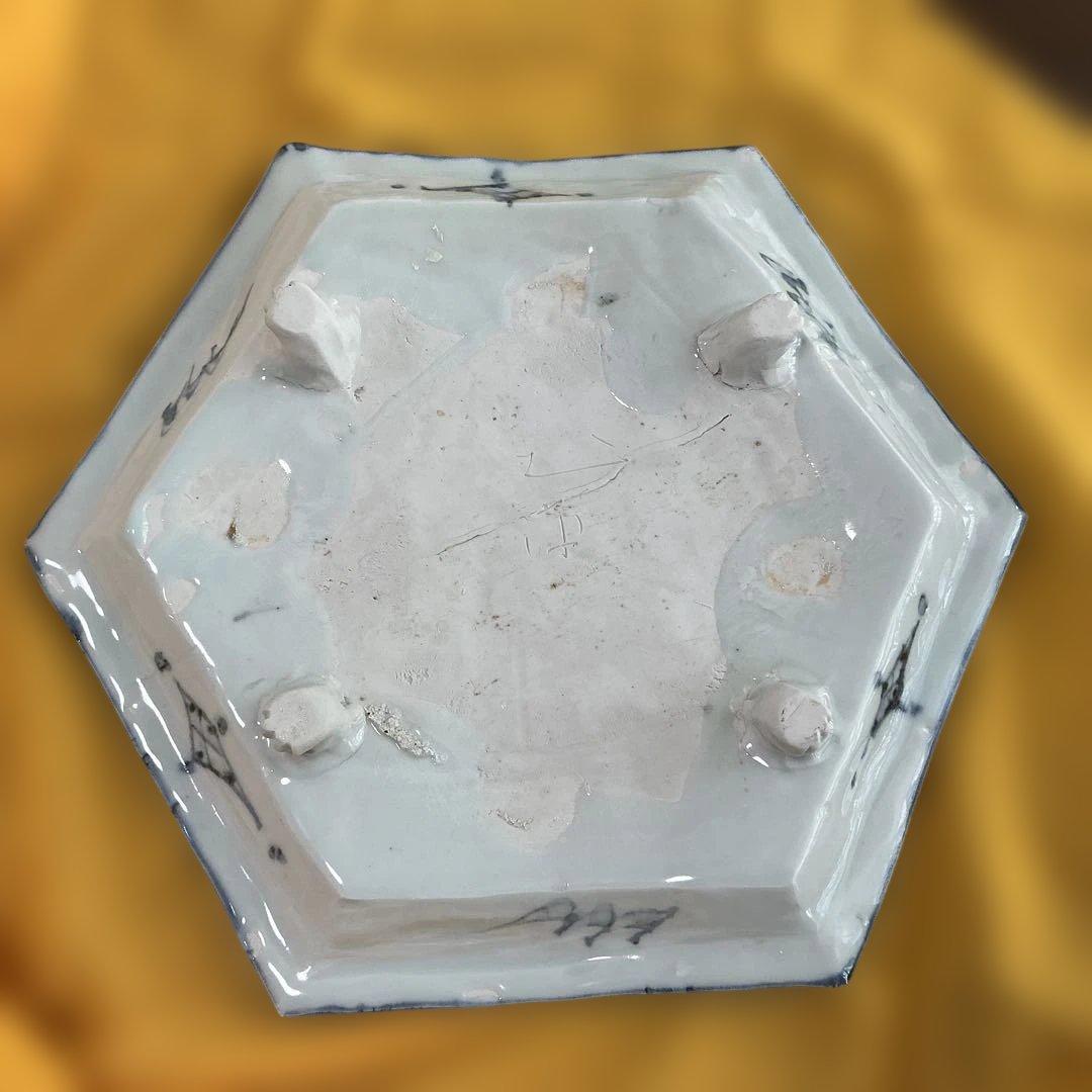 坪島土平　染付童牛絵六角鉢　廣永窯　美品　35cm