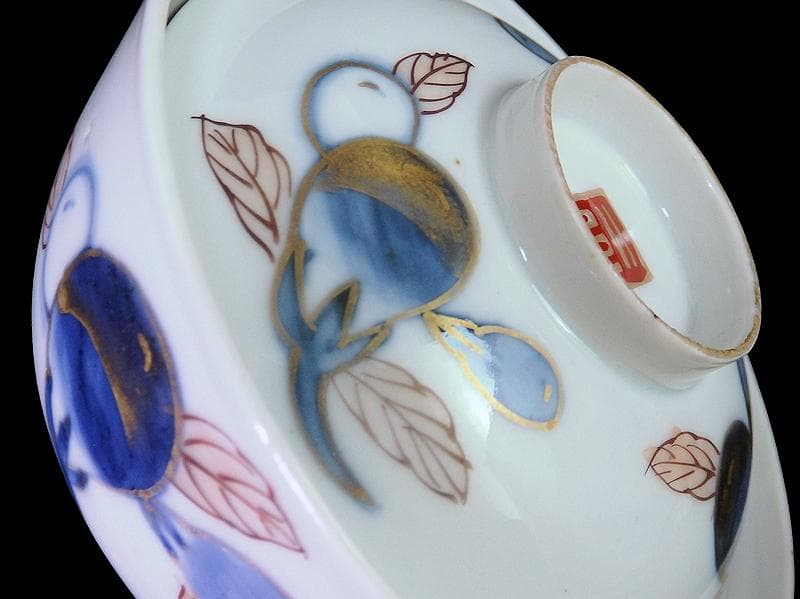 古伊万里　染錦　茄子の図　蓋茶碗　AS-DCa