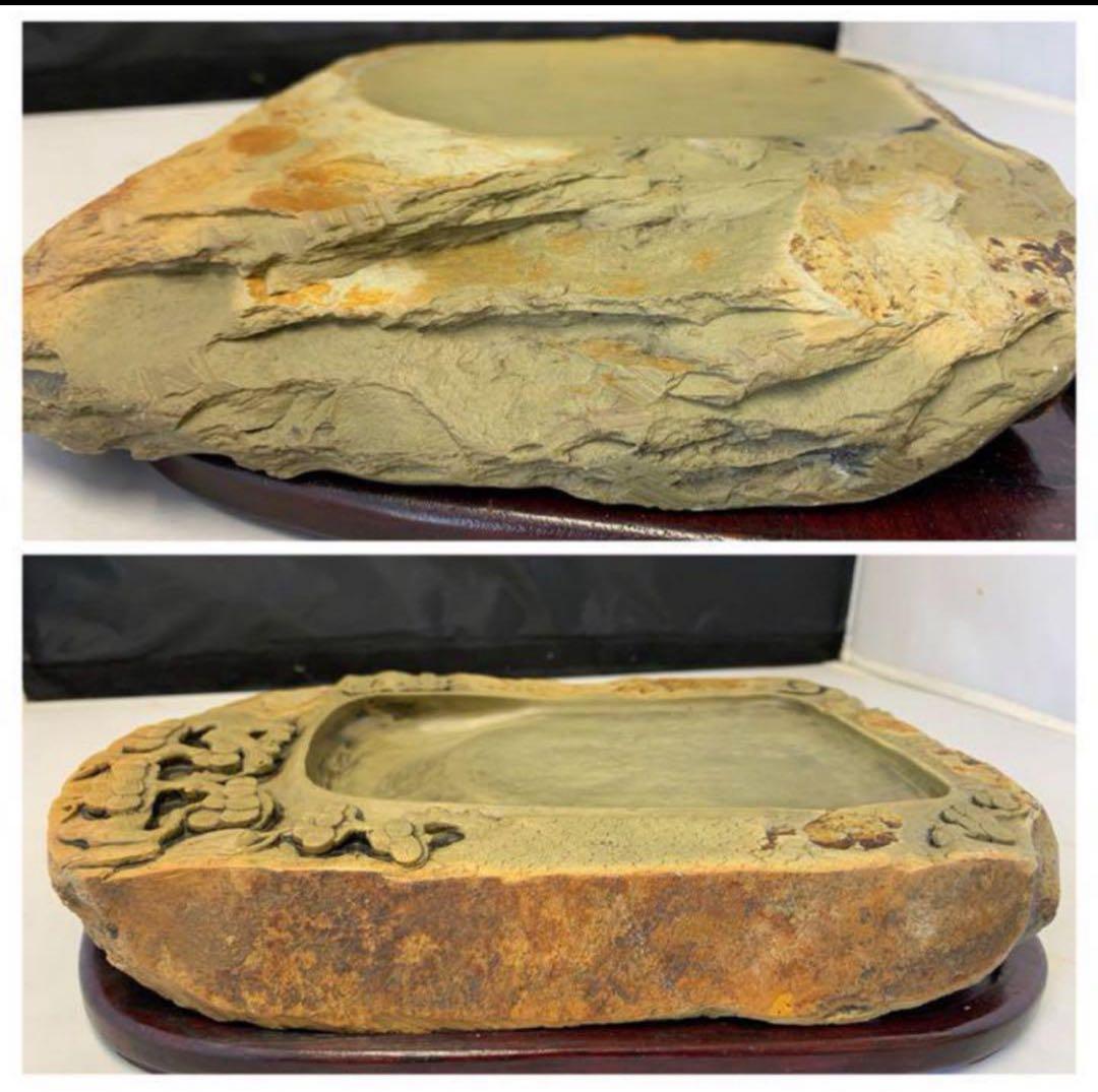 [極上珍品]房具 中国　清時代　古美術　硯紫檀蓋付き 松鶴綠端溪文房具