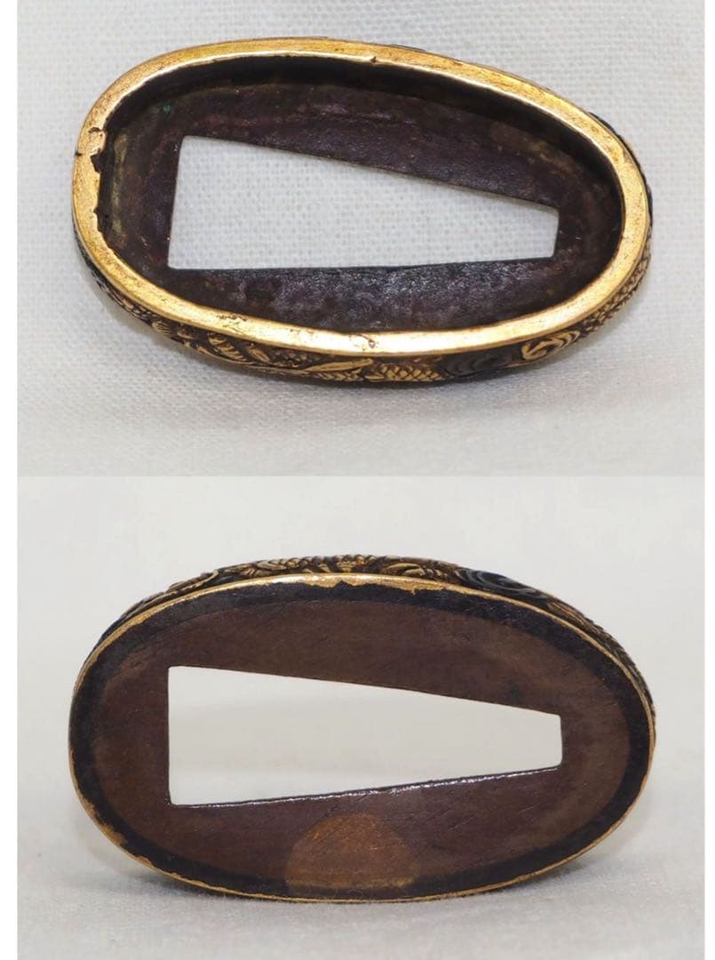 送料無料　コレクター放出品　時代物　金象嵌龍文彫　縁頭　刀装具　木箱付