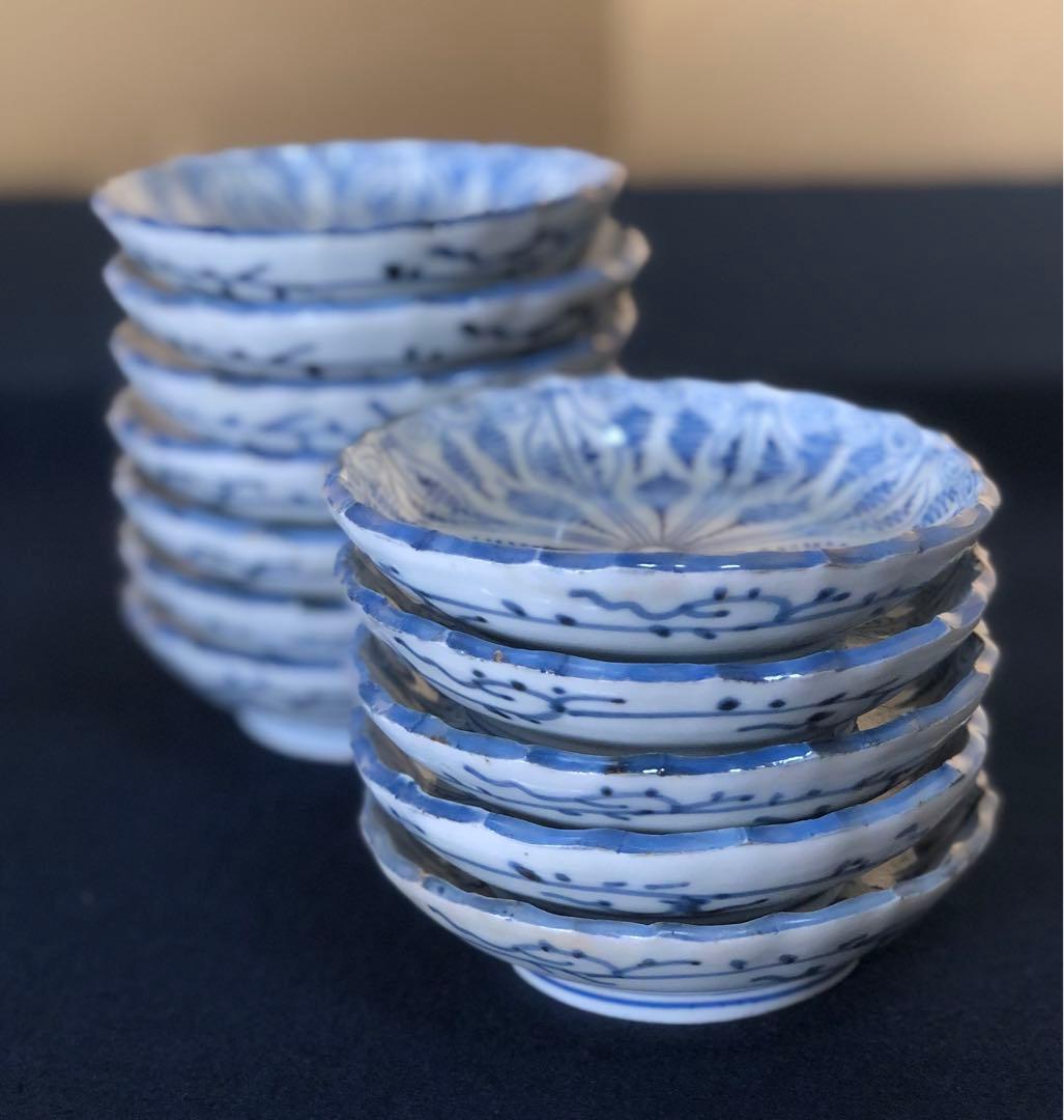 《レ》伊万里 染付 輪花 よろけ紋 小皿12客 木箱 251119え4