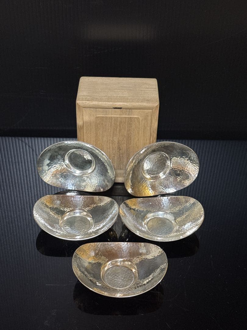 純銀 槌目 小判型 茶托 5枚 桐箱付 約290g 茶道具 煎茶