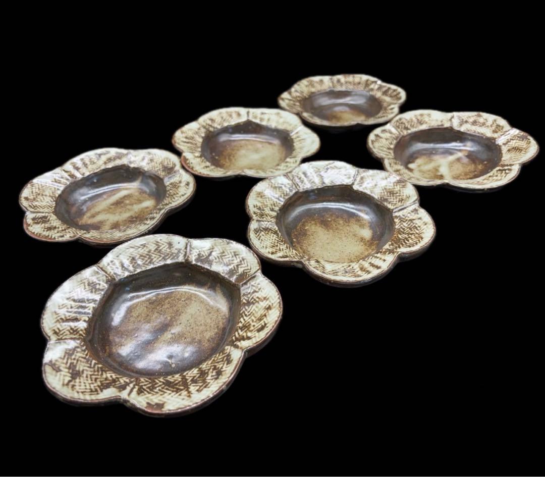 人間国宝 島岡達三 象嵌花型 皿 六枚組 共箱 益子焼 -412-