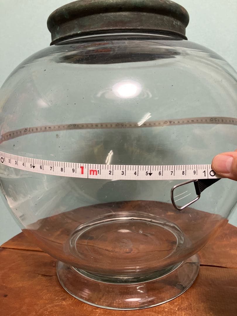 大正時代の丁寧仕上げの銅製蓋付き地球瓶◇菓子瓶◇駄菓子瓶◇時代物◇レトロガラス