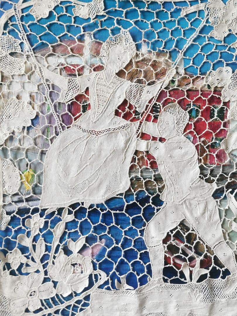 アンティークイタリア ポワンドローズヴェニスレース ブランコを漕ぐ男女のカップル