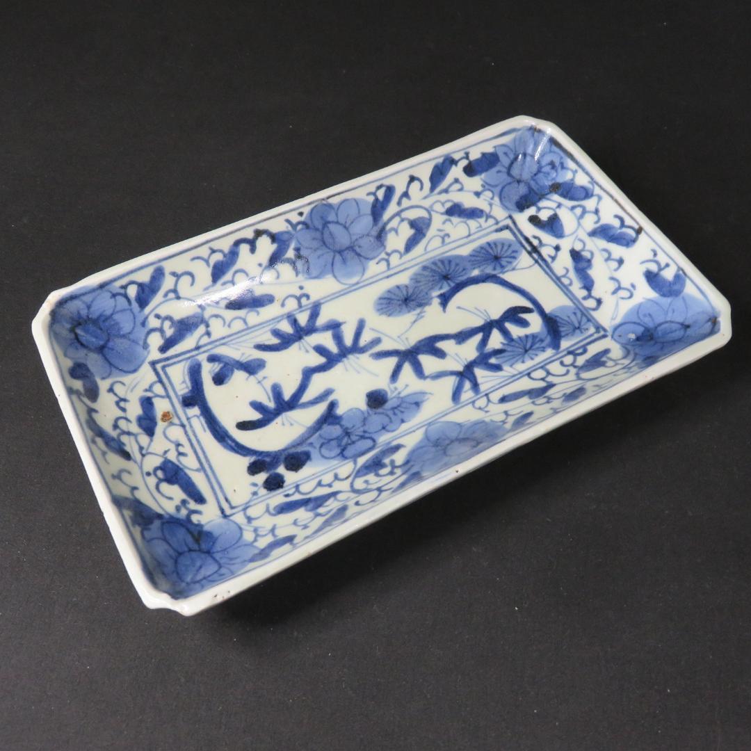 長皿 染付 3枚 窯傷 歪み 古伊万里