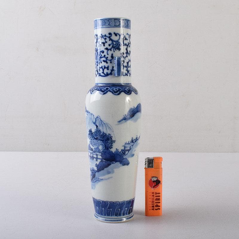 したん　中国　青花　花唐草山水文　双耳瓶　在銘　時代箱　V　R8594