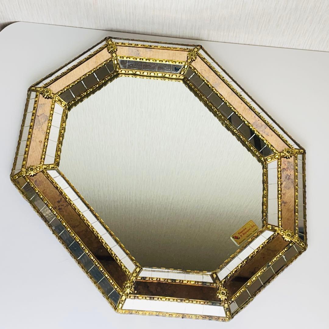 スペイン製 アンティーク 八角形 鏡 ミラー 金属枠 壁掛け ヴィンテージ 装飾