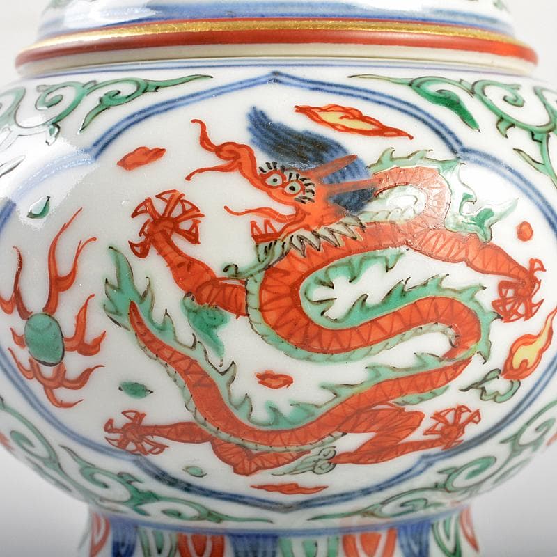 篩月庵　三浦竹泉造　赤絵金彩　花唐草龍文　双耳遊環香炉　共布共箱　J　R7438