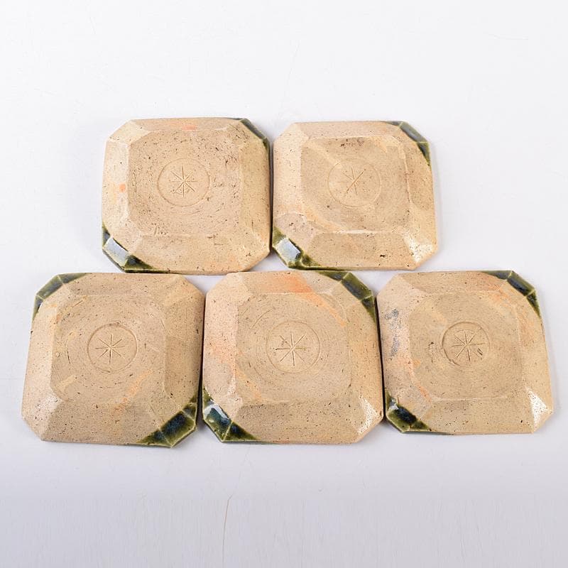 北大路魯山人作　星岡窯　織部焼　於里辺　小皿　五客　共箱　D　R8587