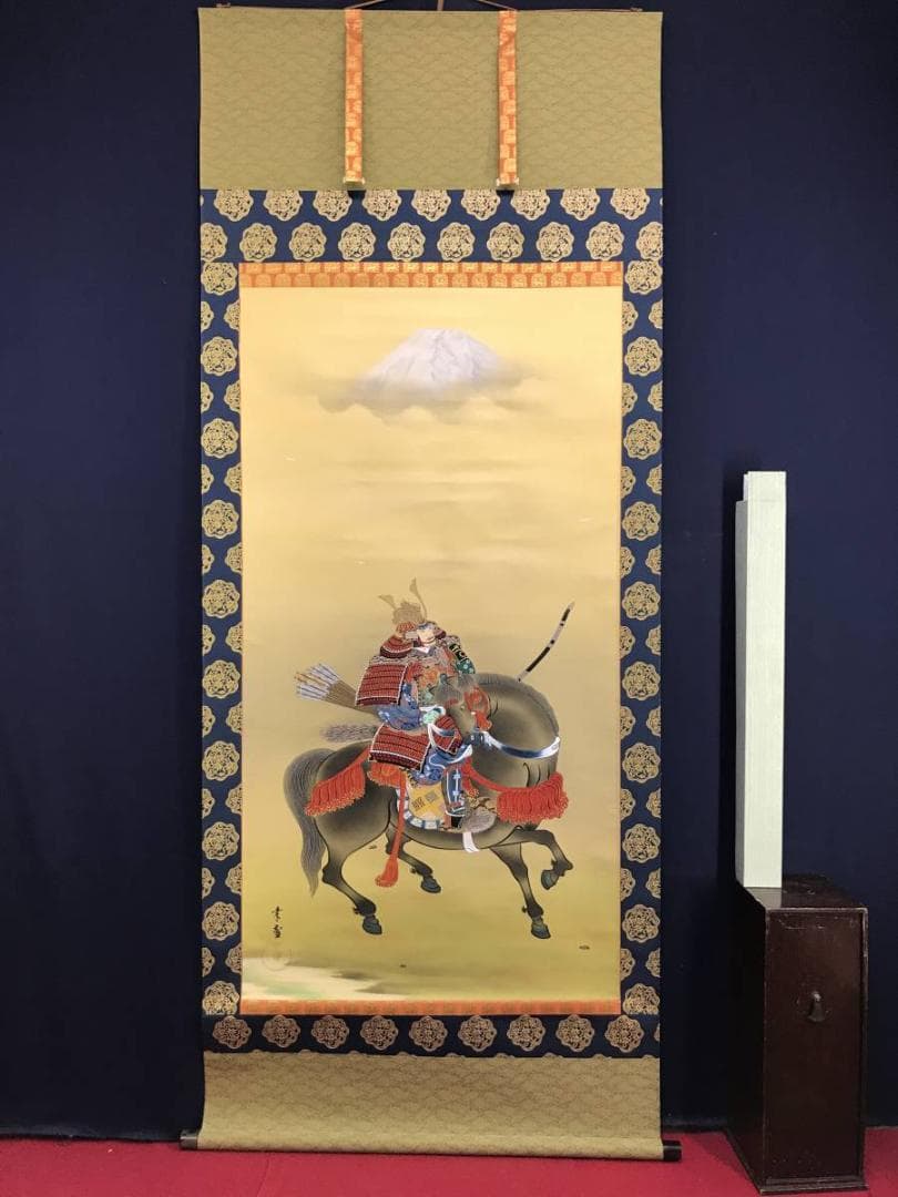 【真作】国井幸雪/富士馬上武者図/武者絵/掛軸/名家伝来/AD-370