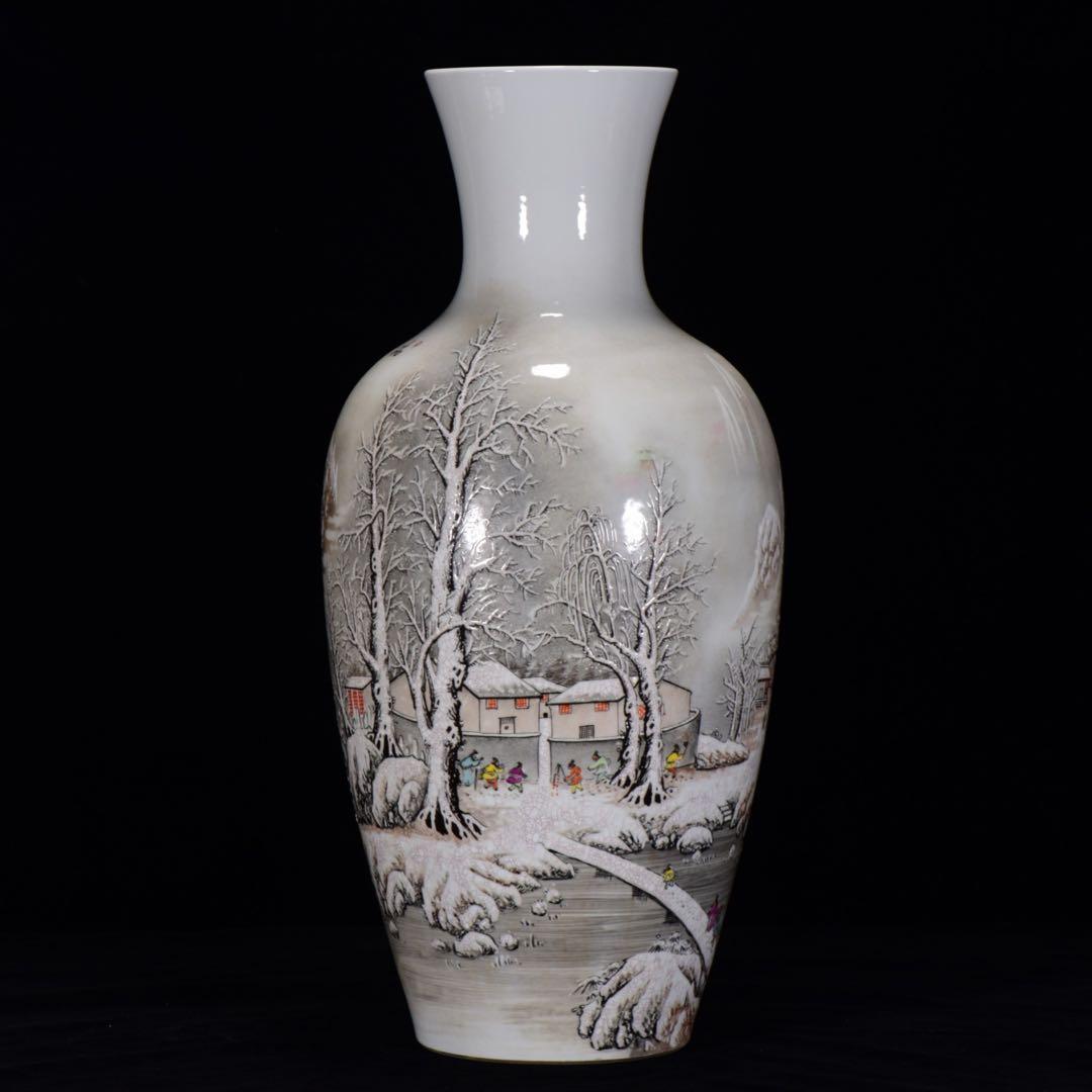 旧蔵逸品　中華民国時代 粉彩雪景図　手作り花瓶　飾り　古美術インテリア　陶器美品