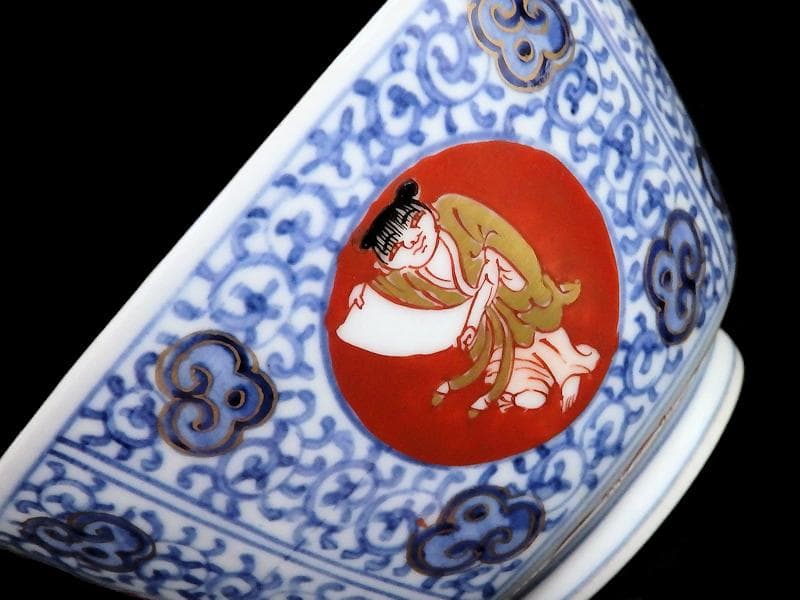 大聖寺伊万里　染錦　鳳凰に唐人　唐草の図　蓋茶碗　２客　A121AS-fbmj