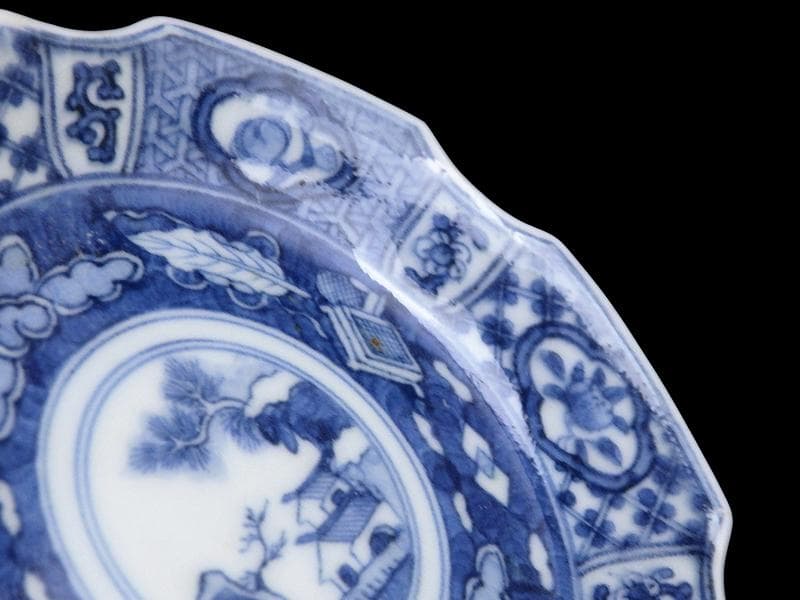 古伊万里　染付　吉祥紋に山村の図　六角豆皿　AS-DBe