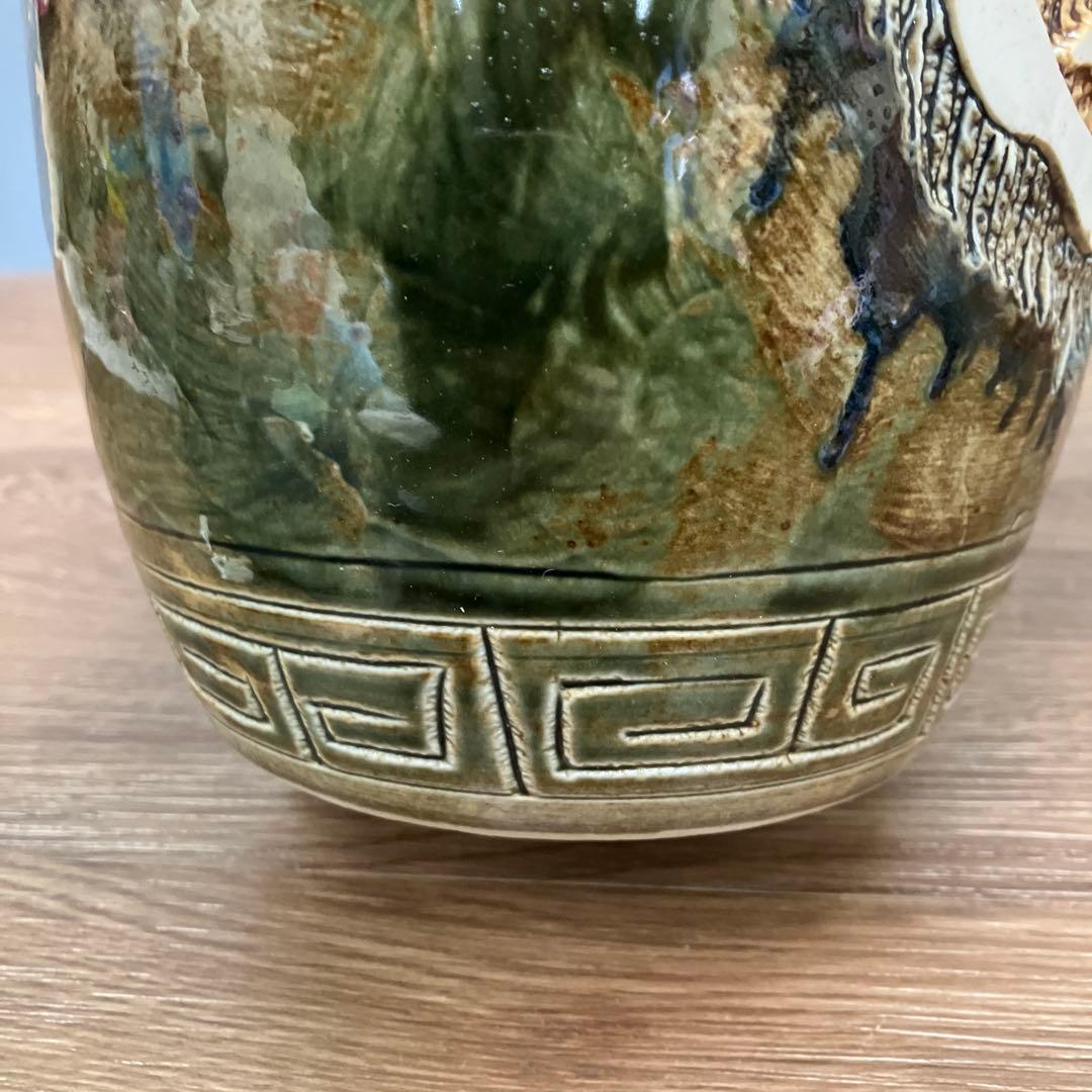 4F 名品 景徳鎮製 銘あり 大型花瓶 壺 浮彫 龍 鳳凰 三彩 伝統工芸