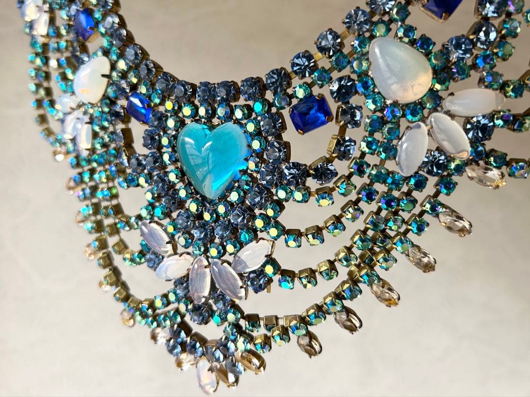 ビンテージ/BIJOUX.M.G/刻印/チェコガラス/ネックレス/ハート/ブルー