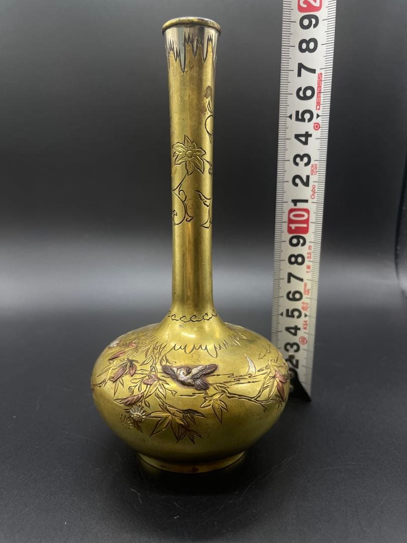 明治時代　金工　花瓶　金銀象嵌　骨董古美術