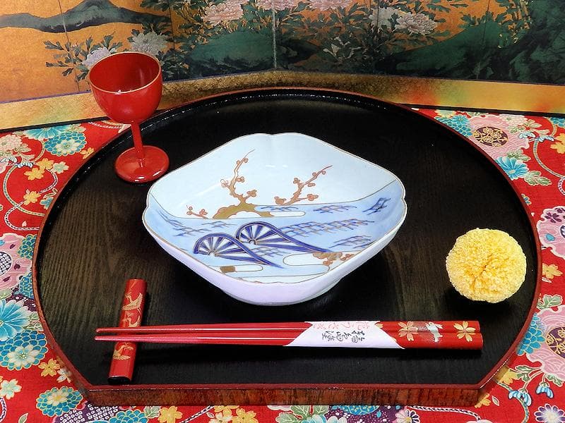 古伊万里　染錦　青海波に梅の図　菱形変形皿　５客　534AS-DBf