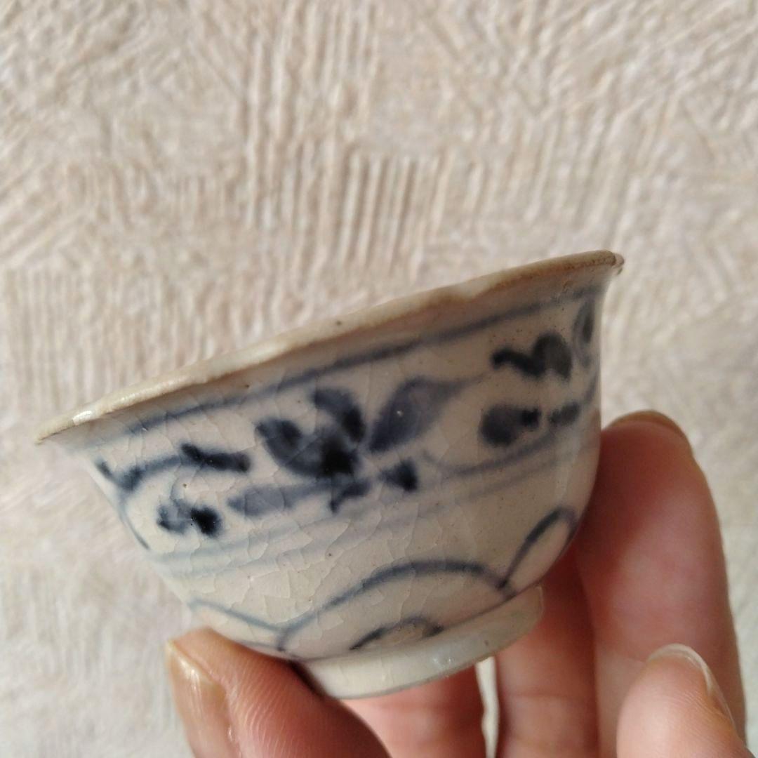 新渡古安南染付輪花福文茶碗東南アジア中国古玩